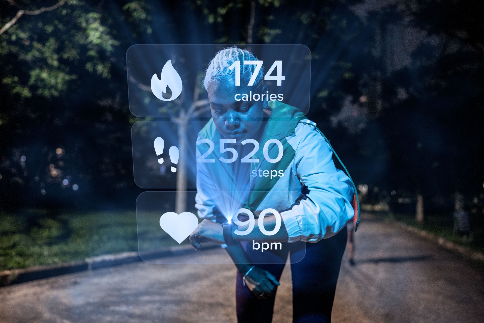 Young woman with smart watch looking at sports infographic hologram at the public park